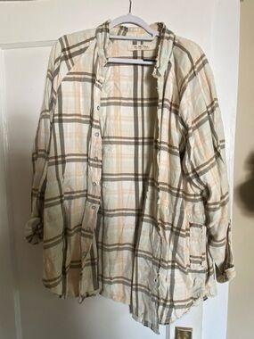 Free People Plaid Button-Up Shirt Jacket in Cream and Brown with some blue